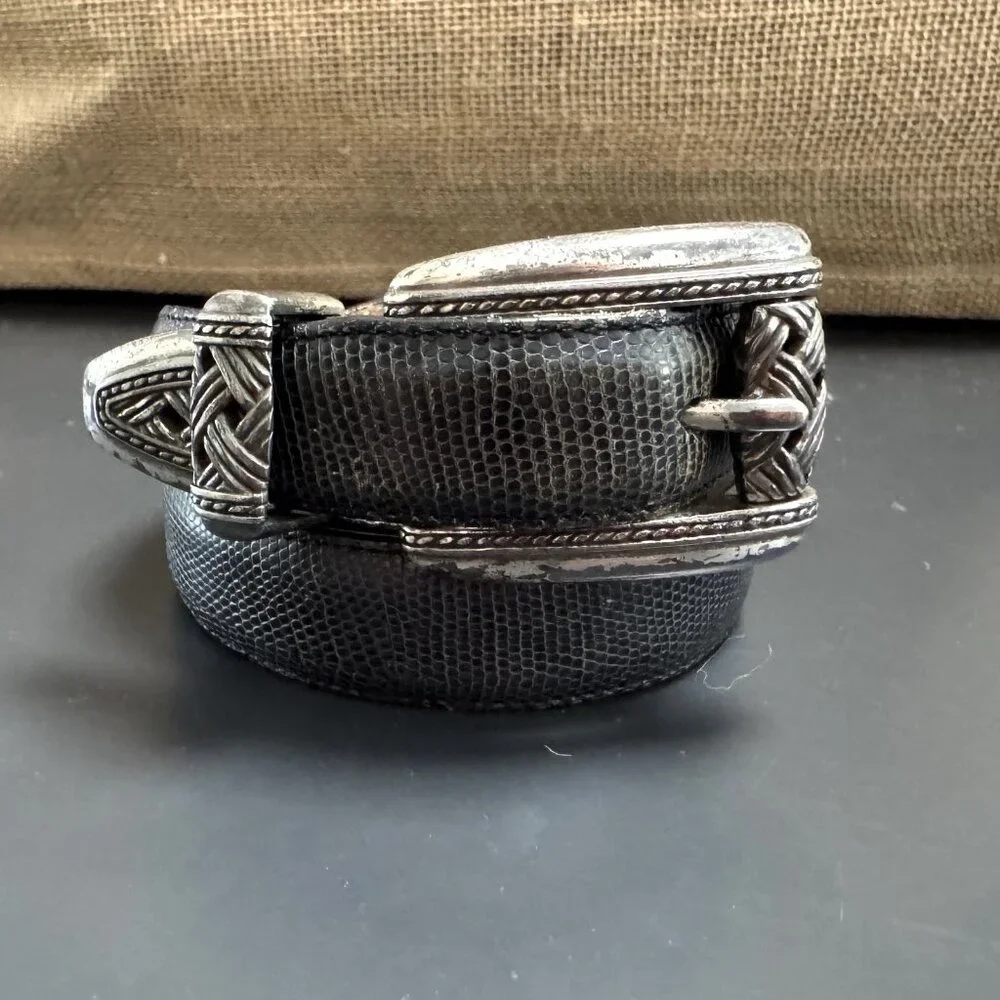 Brighton Gray‎ Leather Snakeskin Western Belt Metal Distressed Buckle M Grunge